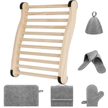 Imagem de Acessórios de sauna para encosto de sauna, cadeira de sauna de design não tóxico de madeira em forma de S com chapéu de sauna de feltro, luvas de sauna, almofada de assento, chinelos e bolsa de