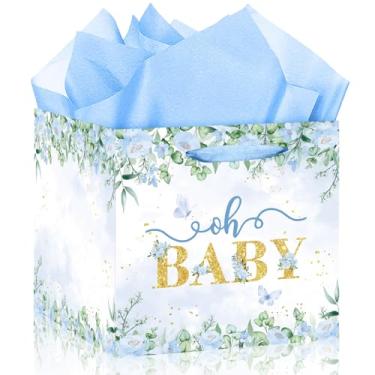 Imagem de Woosytoo Saco de presente extra grande para bebê, chá de bebê, quadrado, saco de papel de embrulho floral azul, sacolas de presente jumbo para meninos, novos pais, lembrancinhas de festa reveladoras
