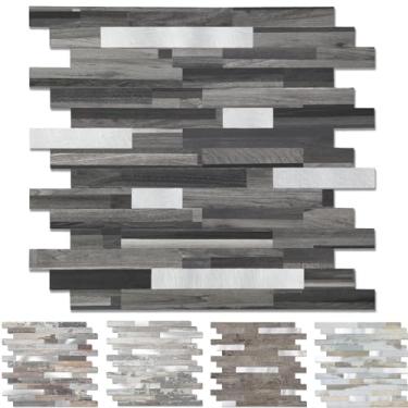 Imagem de Yipscazo 1 folha de revestimento de azulejo de metal de pedra, cole em azulejos para cozinha, banheiro, lavanderia, acampamento, lareira (30 x 30 cm, grão de madeira preta)
