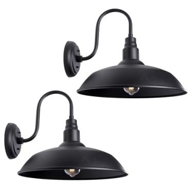 Imagem de GOALPLUS Luminária de pescoço de ganso de 40,6 cm para porta de celeiro, pacote com 2 luzes de celeiro grandes para varanda da frente, luz preta para casa de fazenda externa com braço de pescoço de