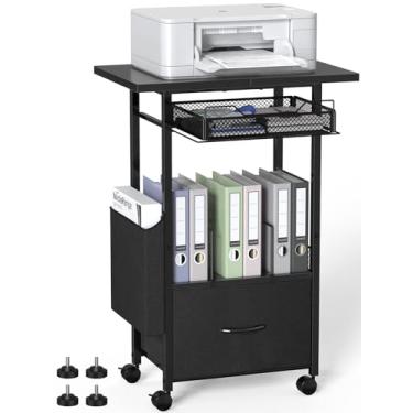 Imagem de Suporte de impressora móvel de 3 níveis com armário de arquivo de 2 gavetas, 24 rodas estendidas e traváveis, carrinho de rodinhas ajustável para armazenamento em escritório doméstico (preto)