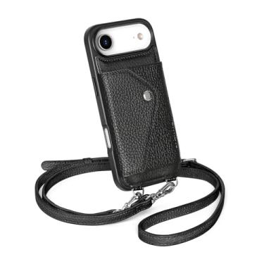 Imagem de LUCKYCOIN Capa de telefone transversal para iPhone Air, capa carteira de couro genuíno com suporte expansível para cartão, bolsa de telefone preta para mulheres com alça removível ajustável, para