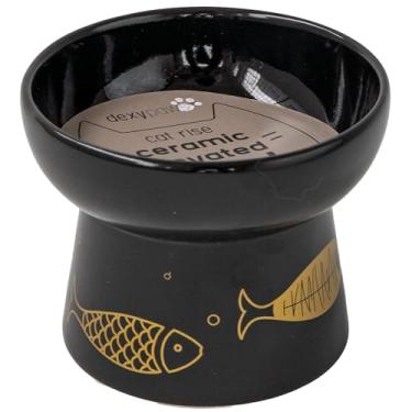 Imagem de Dexypaws: Tigela de cerâmica elevada para gatos - Peixe preto e dourado - 200 ml - Prato de alimentação para animais de estimação, refeições, comida e água, altura ergonômica, elegante, rasa e elevada