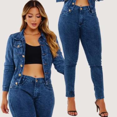 Imagem de Conjunto Jeans Feminino Jaqueta e Calça Marmorizada Moda Blogueira Ten