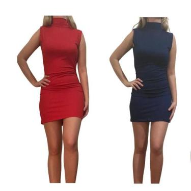 Imagem de KIT C/2 Vestidos Gola Alta Canelado - Emporio J, Vermelho, Marinho, Un