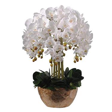Imagem de DCYEQRQ Flor artificial em vaso grande Phalaenopsis arranjo de flores artificiais, flores de orquídeas falsas com vaso dourado, arranjos de flores artificiais para decoração de festa de casamento em