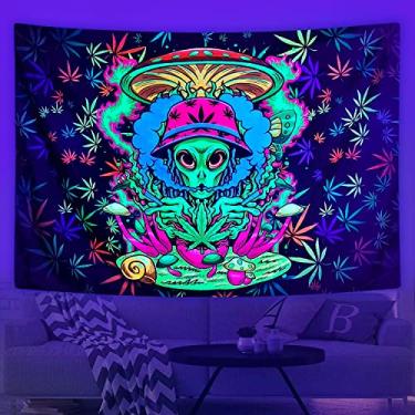 Imagem de Tapeçaria de erva daninha fria com luz negra para homens, tapeçaria de folha de maconha tríplice reativa UV para quarto, tapeçarias psicodélicas tie dye stoner pôster cobertor dormitório universitário