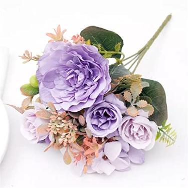 Imagem de DCYEQRQ Linda flor de peônia artificial de outono laranja seda rosa planta falsa grama artificial festa de casamento decoração de outono (E tamanho único)