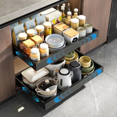Imagem de Mustorn Pacote com 2 organizadores de armário, gavetas deslizantes expansíveis para armários de cozinha, gaveta removível e colada, prateleiras deslizantes resistentes para armário, despensa, banheiro