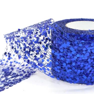 Imagem de Fita de malha brilhante de 10 metros de largura de organza metálica com glitter, lantejoulas decorativas, tecido de tule com borda de arame para embrulho de presente (azul royal)