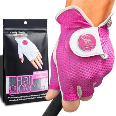 Imagem de Luva de golfe feminina clássica Caddy | Design de malha de meio dedo para alta respirabilidade | Construção de couro premium para ajuste confortável | Inclui marcador magnético elegante
