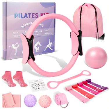 Imagem de Conjunto de anel e bola de Pilates para mulheres, kit de pilates para treino doméstico, argola mágica com 5 faixas de resistência, equipamento de pilates, acessórios para iniciantes (rosa)
