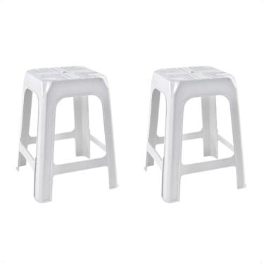 Imagem de 2 Banquetas Banco Plástico Resistente Branco Empilhável 46Cm
