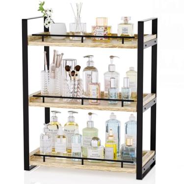 Imagem de CeleVista Organizador de balcão de banheiro, prateleira de bancada de madeira de 3 camadas para penteadeira, cuidados com a pele, maquiagem, café de cozinha e armazenamento de pia, com suporte de
