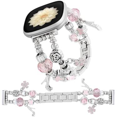 Imagem de Pulseiras femininas de ouro compatíveis com Fitbit Versa 4/Versa 3/Fitbit Sense 2/Sense, pulseira Pandora com berloques exclusivos para smartwatch Versa 4 3 Sense 2 (flor rosa + prata)