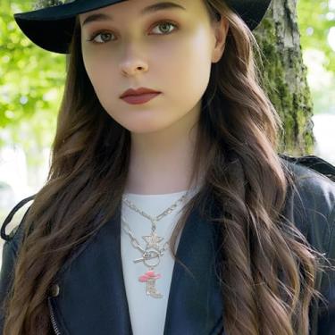 Imagem de Conjunto de 2 peças de gargantilha de estrela de strass brilhante com pingente de bota de vaqueira ocidental com corrente grossa, chapéu esmaltado de caubói, joia empilhável, estrela ocidental, para