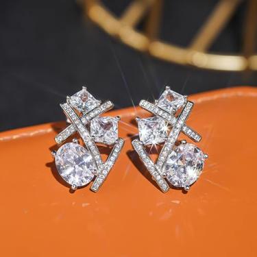 Imagem de Brincos femininos com design de cruz de zircônia cúbica geométrica criativa, 0.95, Latão, Zircônia cúbica