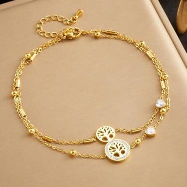 Imagem de Tornozeleira feminina banhada a ouro 14K com árvore da vida, delicada ajustável, coração, amor, strass, corrente de elos em camadas, presente de joias para festivais., Medium, Latão, Sem Pedra