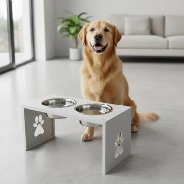 Imagem de Comedouro Elevado Duplo para Cães Grandes, Alumínio com Pintura Eletrostática, Tigelas Removíveis em Aço Inox, Pés Antiderrapantes (branco)