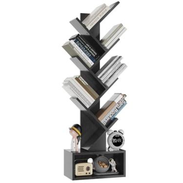 Imagem de YMYNY Estante de árvore de 6 andares, estante alta, prateleira de madeira para armazenamento de livros com gaveta, prateleira moderna para livros/filmes/CDs, organizador utilitário para sala de estar