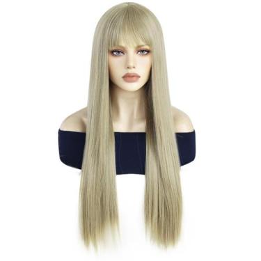 Imagem de Peruca loira longa reta com franja de 65 cm de cabelo sintético - yiwe
