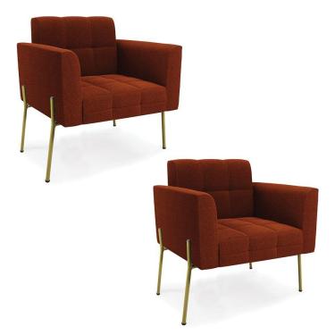 Imagem de Poltrona Sala Estar Pé Ferro Dourado Kit 2 Elisa Bouclê D03 - D?rossi Cor Terra