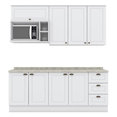 Imagem de Cozinha Completa Americana 5 Peças Com Aéreo Micro-ondas Branco E Tampo Calcare - Móveis Henn Branco