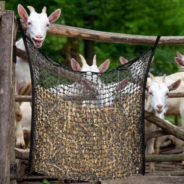 Imagem de Rede de feno de alimentação lenta, saco de feno de poliéster macio com 2 ganchos, alimentador de feno sem nós, multifuncional, saco de alimentador de feno, para barraca de reboque, cerca de parede