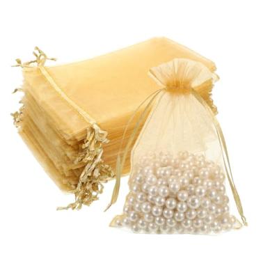 Imagem de QfwdfcTrenz 50 unidades de bolsas de organza douradas, 10 x 15 cm, bolsas de joias de tule, pequenas, de malha, bolsa de presente com cordão, para lembrancinhas de festa de Natal, casamento, doces