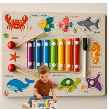 Imagem de Brinquedo Educativo Infantil 3 em 1 Tabuleiro de Madeira com Xilofone Colorido, Quebra-Cabeça e Lousa – Aprendizado Divertido e Multissensorial edição animais marinhos