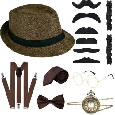Imagem de ELECLAND Conjunto de 10 peças de acessórios masculinos da década de 1920, fantasia retrô rugindo, chapéu, gravata borboleta, relógio de bolso, suspensório, Marrom, Medium