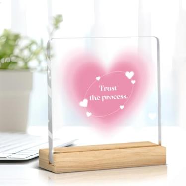 Imagem de Placa acrílica rosa, Trust The Process Placa quadrada engraçada para escritório para mesa, prateleira, escritório, sala de estar, decoração de quarto