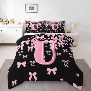 Imagem de jejeloiu Conjunto de edredom infantil com laço fofo, solteiro, letra U, preto, rosa, coquete com laço, edredom para quarto de crianças, meninos, meninas, monograma, estilo princesa sonhadora