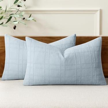 Imagem de MIULEE Capas de almofada decorativas de linho xadrez Lumar Neutro Farmhouse Vintage 30,5 x 50,8 cm Conjunto de 2 boho decoração de casa moderna para sofá sofá quarto almofada cadeira azul litoral