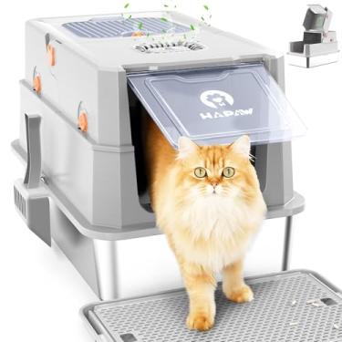 Imagem de HAPAW Caixa de areia de aço inoxidável com tampa, caixa de areia de metal fechada anti-vazamento, panela de areia flip-top extragrande com colher e pedal, sem odor, entrada dupla frontal e superior