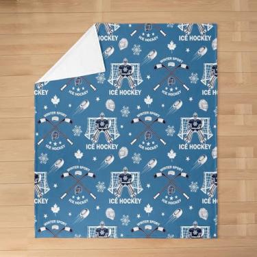 Imagem de Erosebridal Cobertor de flanela de hóquei no gelo, cobertor de lã de gol de hóquei, azul claro esporte europeu outono bola de pelúcia difusa jogos competitivos decoração de sala de trabalho em equipe
