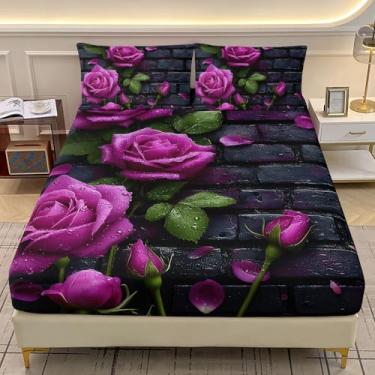 Imagem de AILONEN Jogo de lençol Queen com elástico e flor de rosa roxa, arte moderna, arte de tijolo abstrato, com 2 fronhas