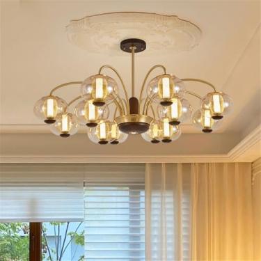 Imagem de Lustre contemporâneo de latão para sala de estar com LED, estilo retrô, criativo, para restaurante, quarto, escritório, hotel, casa de campo, café, luminária pendente (S 12 lâmpadas)