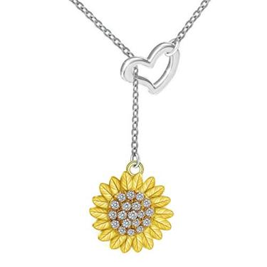 Imagem de Caiyao Colar retrô com pingente de coração com contas de strass de girassol para mulheres e meninas, banhado a ouro 14K, banhado a prata You are My Sunshine, flor, planta, festa, aniversário, férias,