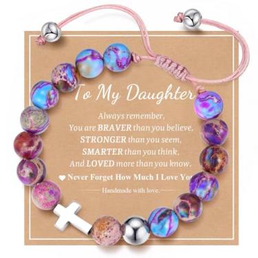 Imagem de MEALGUET Pulseira de cruz para meninas adolescentes: pulseiras de contas de pedra imperador natural fé presentes cristãos joias católicas religiosas batismo comunhão meias para meninas adolescentes