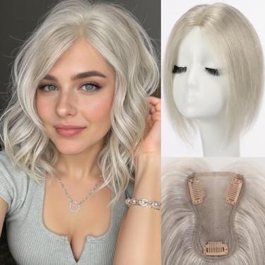 Imagem de starluck Toppers de cabelo humano real para mulheres 25,5 cm - Adequado para queda de cabelo sem franja 7,6 x 11,4 cm Base suíça amarrada à mão e 3 clipes seguros (cinza prateado misto)