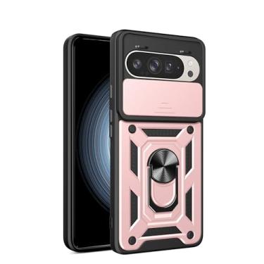 Imagem de RKINC Capa para Google Pixel 9/9 Pro com capa deslizante para câmera e anel giratório com suporte de grau militar à prova de choque com suporte magnético para carro, ouro rosa