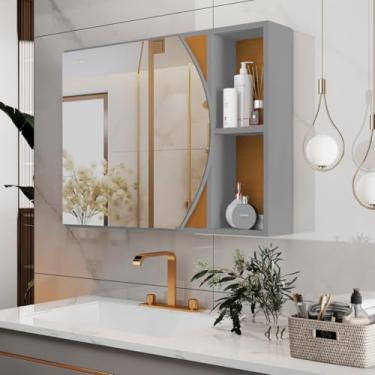 Imagem de Mobishop Armário de Banheiro com Espelho Arredondado, MDP/MDF, Branco Flex, 60x45x10 cm, Espelheira Suspensa com Nichos, Organizador de Parede, Design Moderno (Cinza)