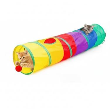 Imagem de Túnel Colorido para Gatos, Interativo Multi Entrada com Bolinha, Dobrável, Material Poliéster e Aço, 110cm x 25cm, Brinquedo para Enriquecimento Ambiental