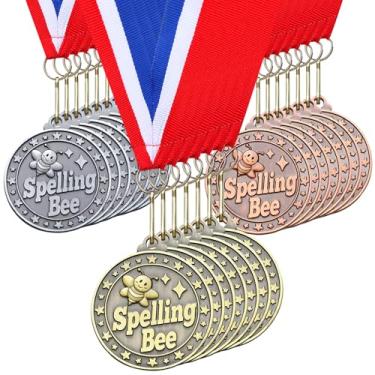 Imagem de Quelay 30 medalhas de favo de mel de abelha ortográfica a granel 5 cm ouro, prata, bronze, ortografia, abelha com fita de pescoço, troféu de metal, presente de prêmio para crianças, adultos