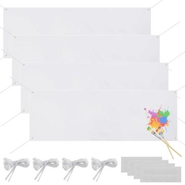 Imagem de Quatro faixas grandes em branco, tecido personalizado de 6 x 1,5 m Artrafitti para personalização, poliéster branco DIY com cordas e adesivos para pendurar, exibição de sublimação interna e externa
