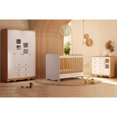 Imagem de Quarto Infantil Completo 3 Peças (1guardaroupa+1berço+1cômoda) Qi125 Branco-amendoa - Peroba