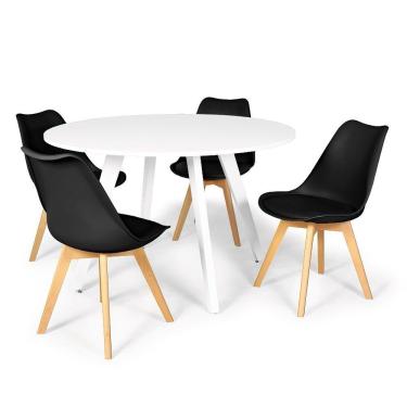 Imagem de Conjunto Mesa De Jantar Redonda Amanda Branca 120cm Com 4 Cadeiras Eiffel Leda - Preto