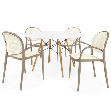 Imagem de Conjunto Mesa De Jantar Redonda Eiffel Branca 120cm Com 4 Cadeiras Roma Com Braço - Branco/cinza Escuro