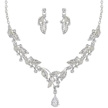 Imagem de Conjunto feminino de colar e brincos de prata, design floral e folha com pedras de zircão, comprimento de colar ajustável, ideal para presente elegante